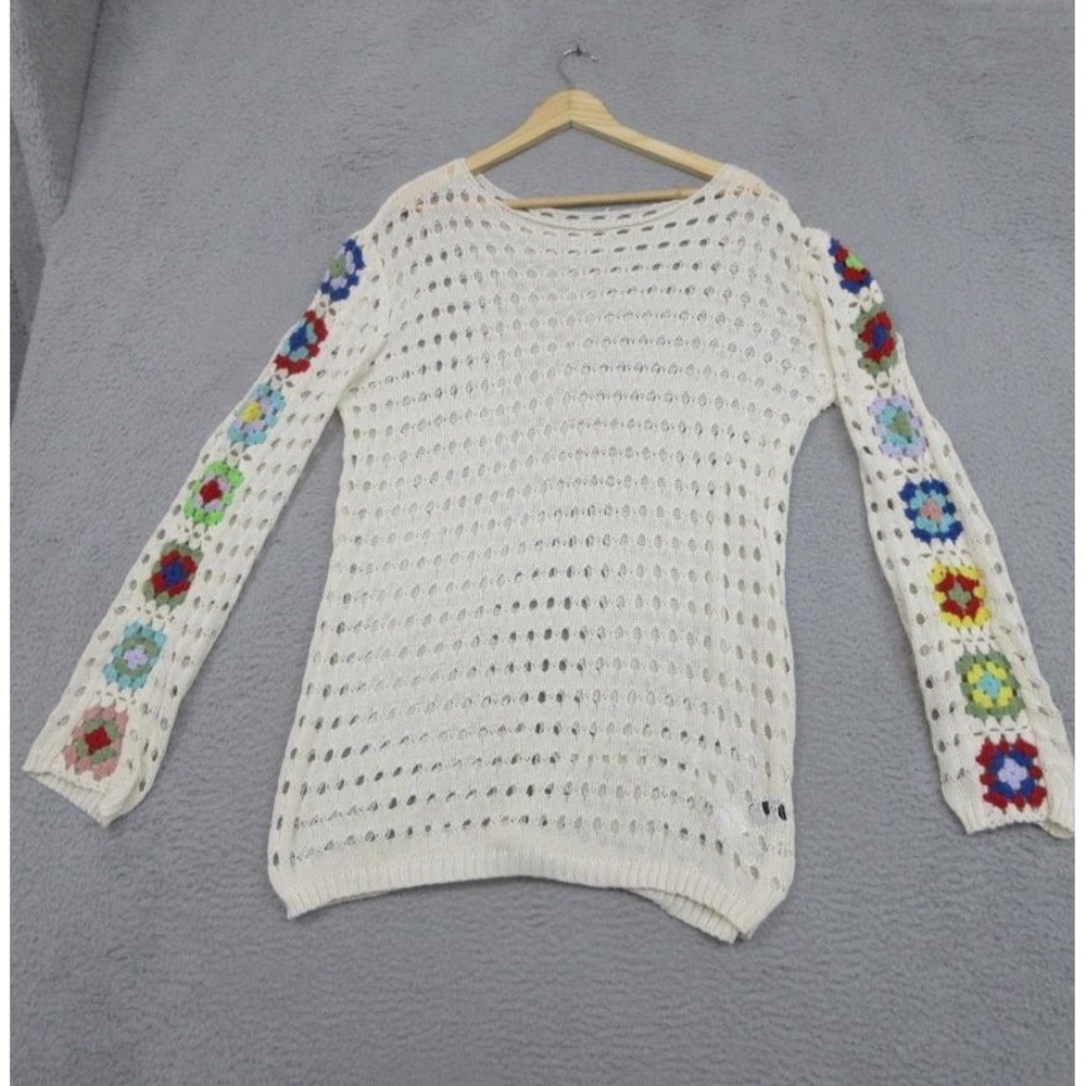 Sweater Women L White Crochet Floral Sleeve Boho Open Knit Oversized Top Casual